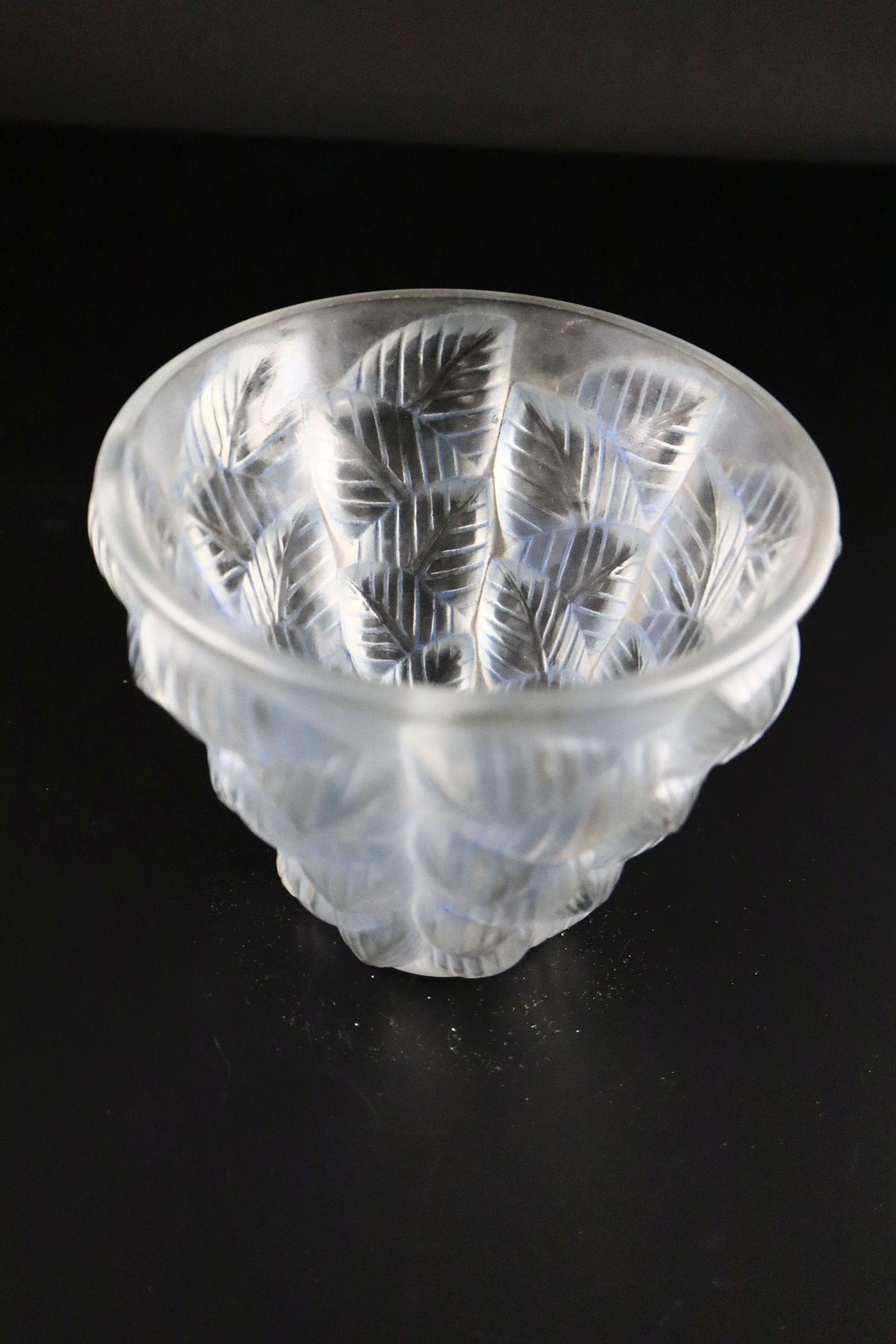 René Lalique. A pre-war Moissac pattern blue tinted frosted glass vase, no.992, designed in 1927, - Image 2 of 3