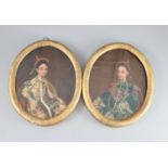 A pair of 19th century China Trade oils on canvas of the Emperor and Empress of China, oval, in gilt