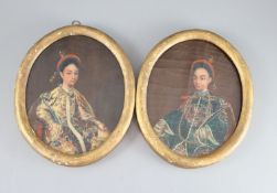 A pair of 19th century China Trade oils on canvas of the Emperor and Empress of China, oval, in gilt