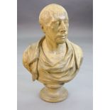A 19th century painted plaster bust of a Roman Emperor, inscribed Pub'd by J. Mazzotti, Ano