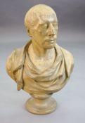 A 19th century painted plaster bust of a Roman Emperor, inscribed Pub'd by J. Mazzotti, Ano