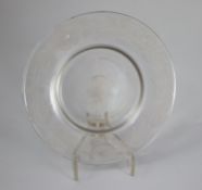 A glass under dish, of Jacobite significance, c.1745, the underside wheel engraved with honeysuckle,