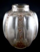 René Lalique. A pre-war sepia tinted frosted glass Six Figurines et Masques pattern vase, no.1912,