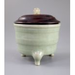 A Chinese Guan type tripod censer, the wood cover with hardstone finial, 8.2cm diameterCONDITION: