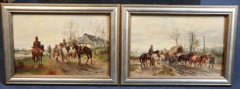 J. Demski (19th C Russian)pair of oils on boardCossacks on country lanessigned8 x 12in.CONDITION: