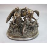 After Pierre Jules Mene. A bronze group of a ghillie, pony and hounds, width 23in. height 20in.