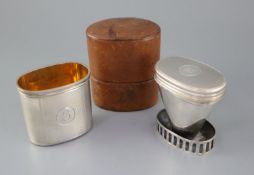 A leather cased Victorian travelling silver hip flask and warmer, by Thomas Johnson I, the engine