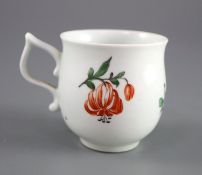 A Worcester bell-shaped coffee cup, c.1760, applied with a wishbone handle and painted with