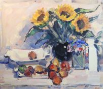 § James Fullerton (1946-)oil on canvasStill life of fruit and sunflowers on a table topsigned35.5
