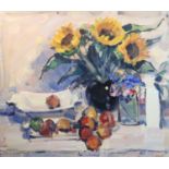 § James Fullerton (1946-)oil on canvasStill life of fruit and sunflowers on a table topsigned35.5