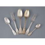 A part canteen of William IV silver double struck fiddle, thread and shell pattern flatware by