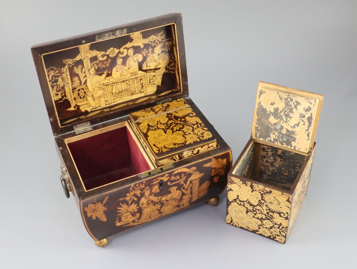 A Regency penwork tea caddy, of sarcophagus form, decorated with chinoiserie figures in gardens, the - Image 5 of 6