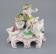 A Vauxhall porcelain group of two Bacchanalian cherubs and a goat, c.1760-5, on a scrollwork base,