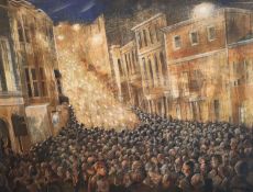 § Peter Messer (1954-)egg tempera on panelLewes Bonfire Nightsigned23.5 x 32in.CONDITION: Oil on
