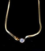A modern 18ct gold flattened link and solitaire diamond set necklace, the diamond in a twist setting