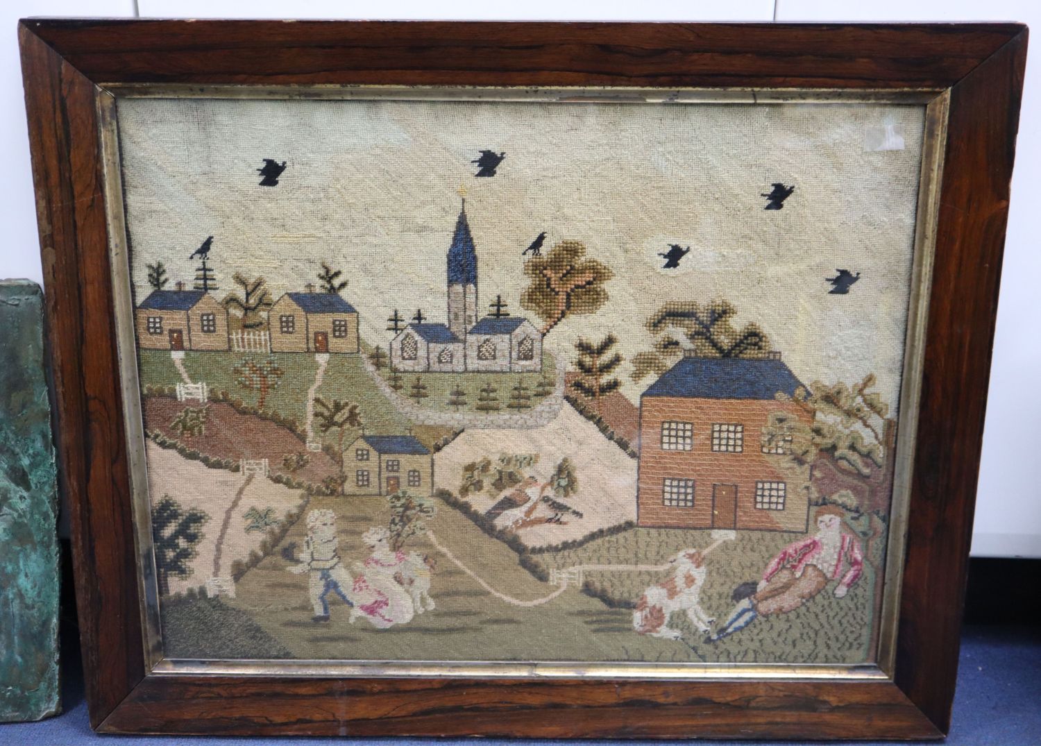 An early 19th century English petit point panel, with father, children and dog in a garden, houses - Image 2 of 2