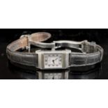 A lady's stainless steel Jaeger LeCoultre Reverso quartz wrist watch, on leather strap with Jaeger