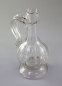 A Georgian rib moulded glass cordial jug, first half 18th century, with applied neck collar,