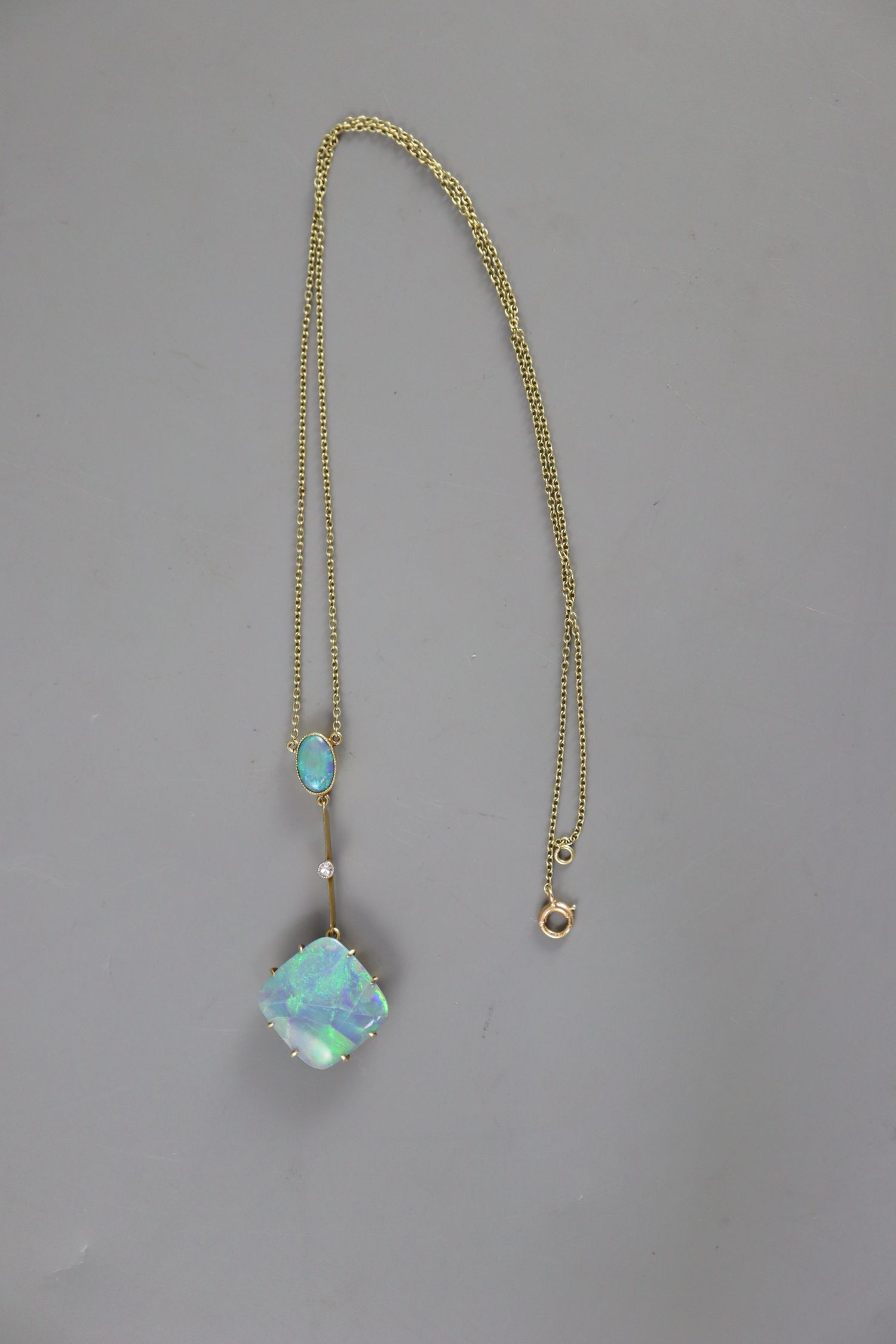 An early 20th century 15ct gold, diamond and two stone opal set drop pendant necklace, pendant 50mm, - Image 2 of 5
