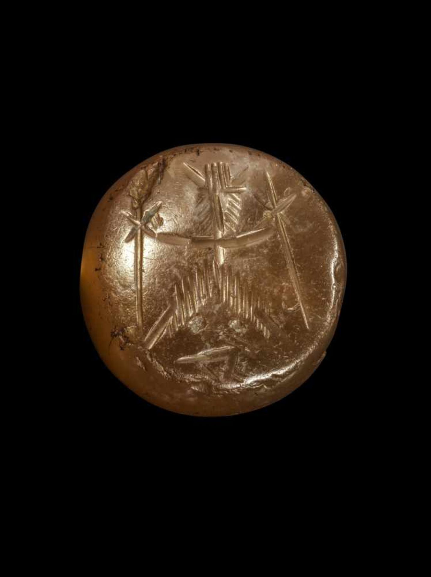Stempelsiegel aus Achat. Sasanidisch, 5. Jh. n. Chr. H 2,6cm. Halbkugelig mit Querbohrung. Auf der