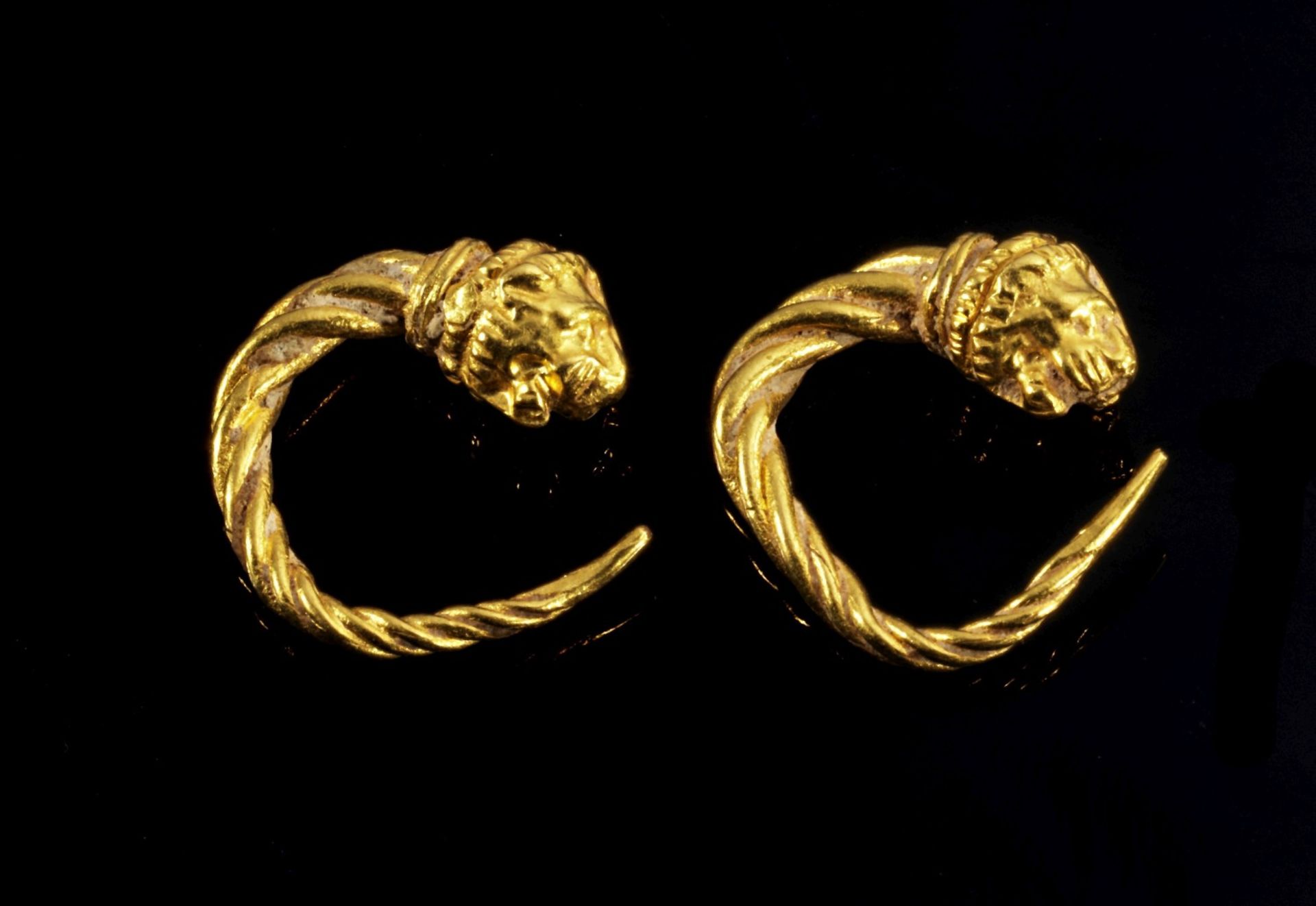 Paar goldene Löwenkopfohrringe.