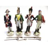 FOUR LATE 19TH CENTURY SEVRES PORCELAIN MILITARY FIGURES each bearing red Sevres factory inscription