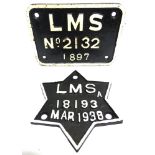 TWO LONDON, MIDLAND & SCOTTISH RAILWAY CAST IRON WAGON PLATES comprising one of six-pointed star