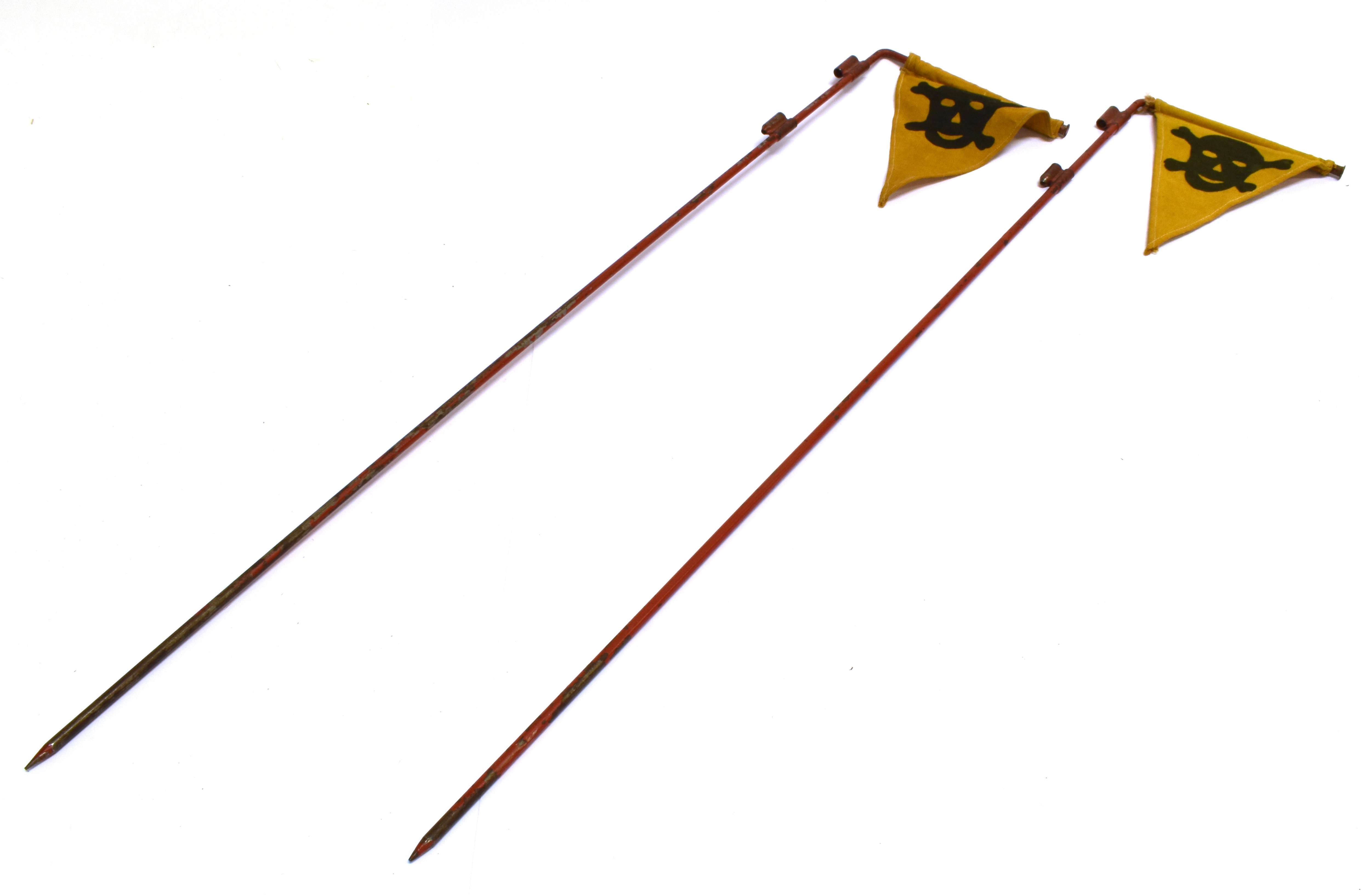 TWO SECOND WORLD WAR GERMAN LAND MINE MARKER FLAGS the triangular yellow cotton flags printed with