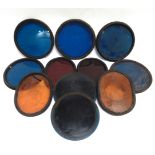 ASSORTED SIGNAL ARM SPECTACLE LENSES comprising nine mainly circular blue examples complete with