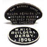 TWO CAST IRON WAGON PLATES comprising a pre-grouping oval Midland Railway manufacturer's plate, '