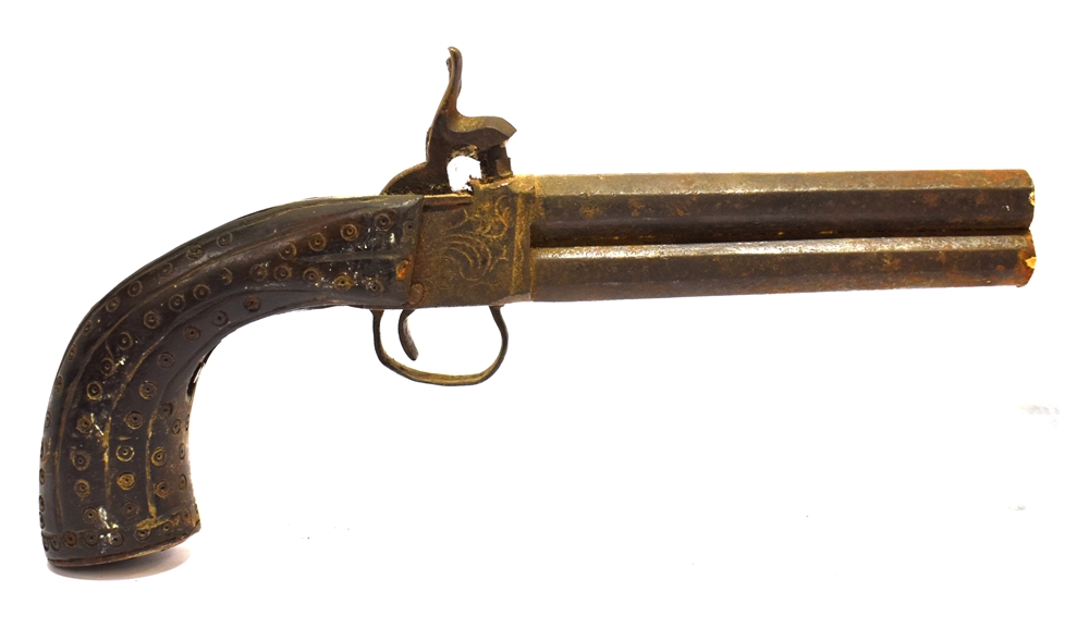 A 19TH CENTURY NEAR EASTERN OR NORTH AFRICAN PERCUSSION DOUBLE-BARREL OVER & UNDER HOLSTER PISTOL