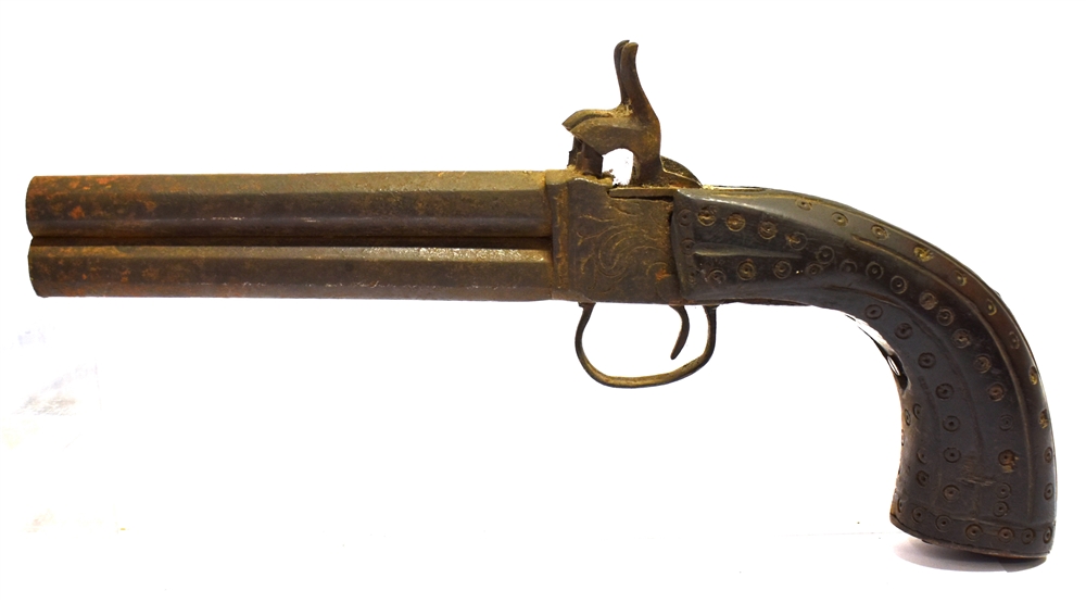 A 19TH CENTURY NEAR EASTERN OR NORTH AFRICAN PERCUSSION DOUBLE-BARREL OVER & UNDER HOLSTER PISTOL - Image 2 of 2