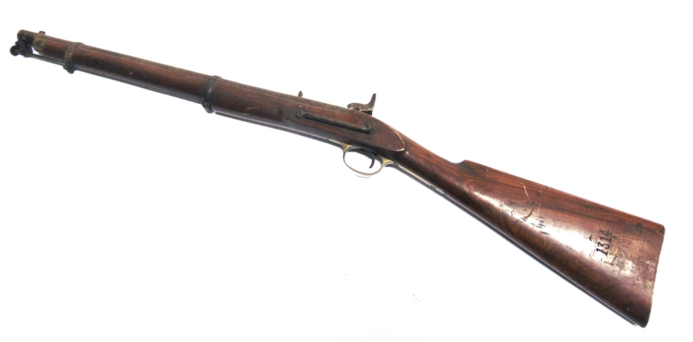 A PERCUSSION TWO-BAND ENFIELD TYPE CAVALRY CARBINE with a tapering 22 inch (56cm) rounded twin