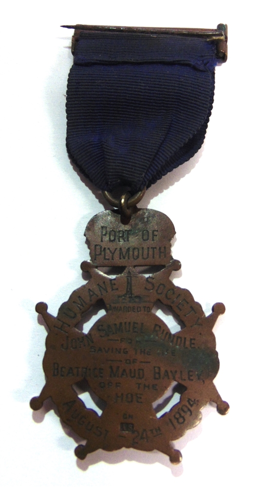 A PORT OF PLYMOUTH SWIMMING ASSOCIATION & HUMANE SOCIETY BRONZE MEDAL TO JOHN RUNDLE engraved - Image 2 of 2