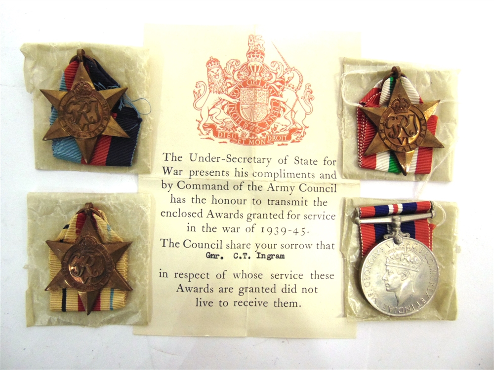 A SECOND WORLD WAR CASUALTY GROUP OF FOUR MEDALS, TO GUNNER C.T. INGRAM, ROYAL ARTILLERY