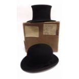 A GENTLEMAN'S BLACK FELT BOWLER HAT by Gieves, London, size 7 1/8; together with a gentleman's