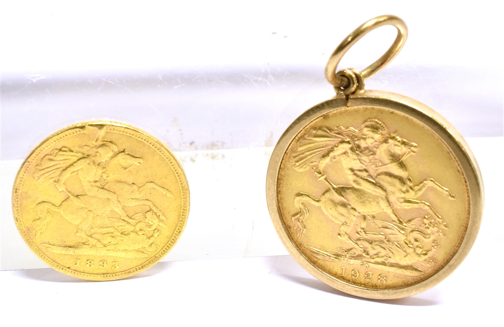 A LATE VICTORIAN HALF SOVEREIGN AND A LATER SOVEREIGN the half-sovereign, 1893 (S?), with obvious - Image 2 of 2