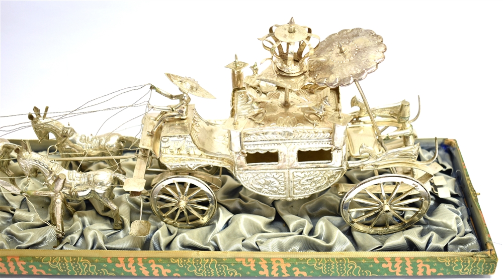 A FAR EASTERN WHITE METAL CARRIAGE PULLED BY EIGHT HORSES WITH ATTENDANTS the embossed carriage - Image 3 of 3
