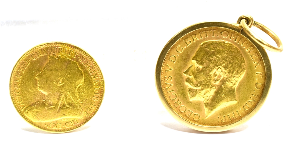 A LATE VICTORIAN HALF SOVEREIGN AND A LATER SOVEREIGN the half-sovereign, 1893 (S?), with obvious