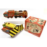 THREE TINPLATE TOYS comprising a KD [Germany] Bison bulldozer, with a friction drive motor,
