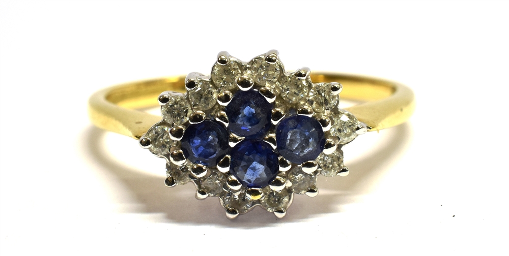 A SAPPHIRE AND DIAMOND LOZENGE SHAPED CLUSTER RING four central round mixed cut blue sapphires - Image 2 of 3