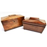 TWO VICTORIAN MAHOGANY TEA CADDIES of sarcophagus form, the largest 32cm wide