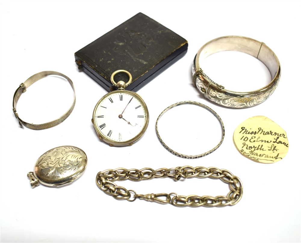 A SMALL SILVER POCKET WATCH together with five items of silver jewellery, comprising a locket, two