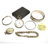 A SMALL SILVER POCKET WATCH together with five items of silver jewellery, comprising a locket, two