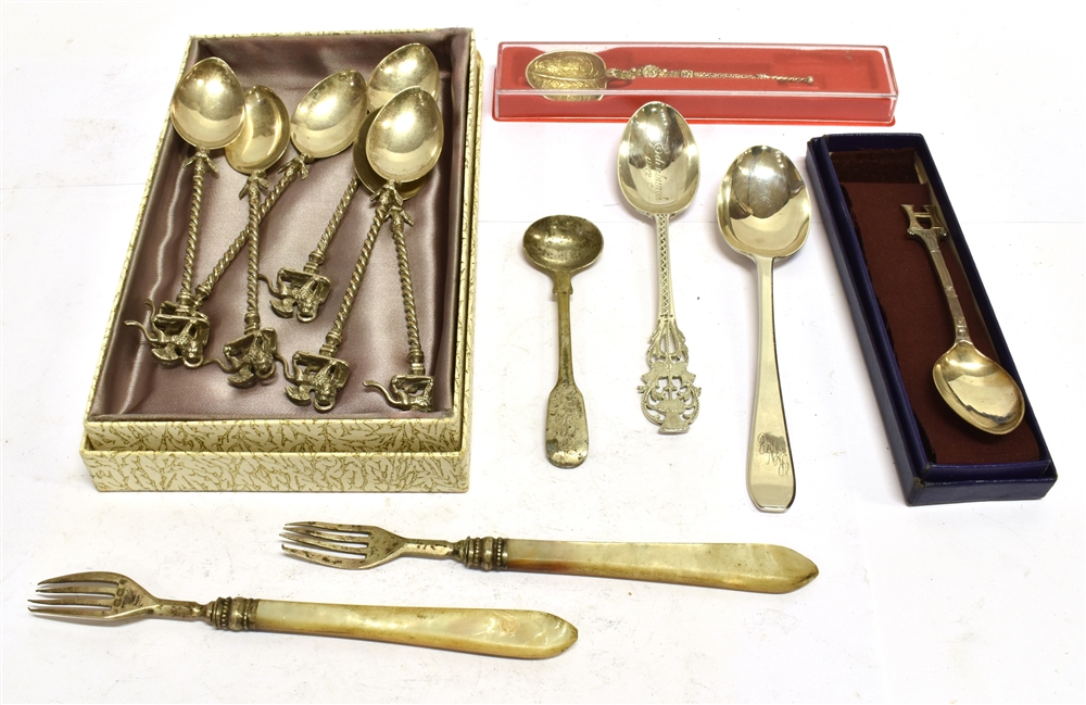 VARIOUS SILVER FLATWARE TO INCLUDE; A SILVER-GILT REPLICA ANOINTING SPOON in a case; a silver