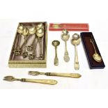 VARIOUS SILVER FLATWARE TO INCLUDE; A SILVER-GILT REPLICA ANOINTING SPOON in a case; a silver