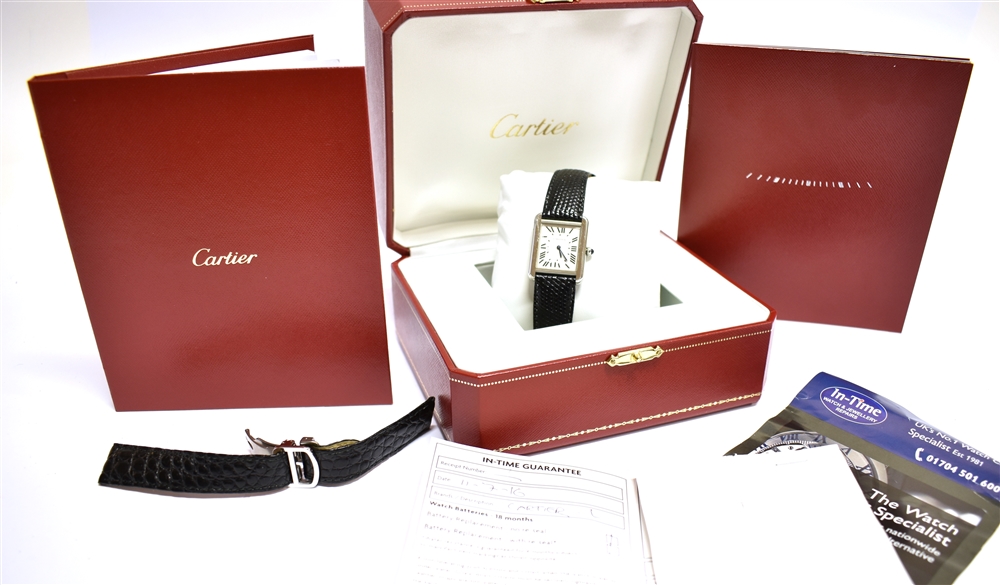 A LADIES CARTIER TANK STAINLESS STEEL WATCH On a leather strap, ivory coloured oblong dial, black - Image 2 of 4