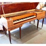 A 19TH CENTURY MAHOGANY SPINET OR SQUARE PIANO with inlaid decoration, on six fluted supports, 167cm