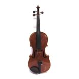 A VIOLIN the two-piece back 34cm long, cased; together with a bow, unmarked.