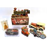 ASSORTED TINPLATE TOYS comprising a Taiyo [Japan] 'King' cabriolet, with a battery-operated